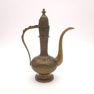 Beautiful Vintage 60s Aftaba Ewer Indian Brass Tea coffee Pot Signed Hand carved